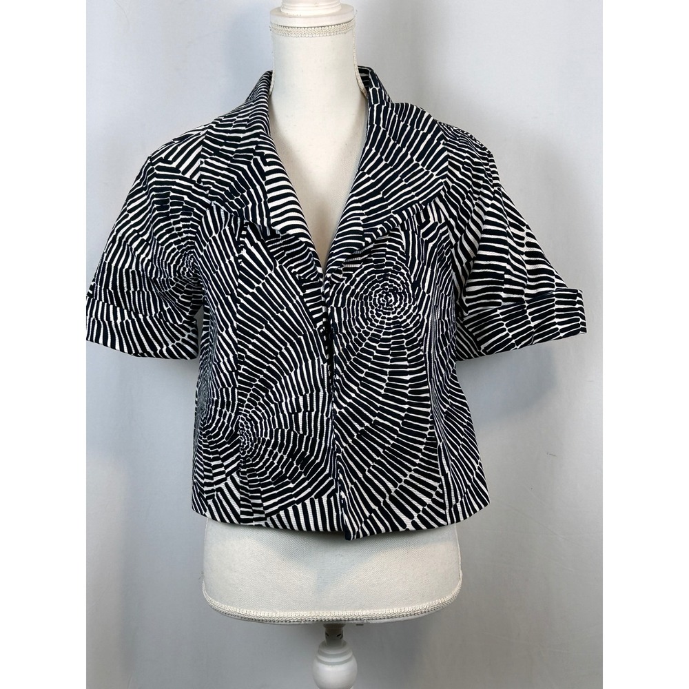 Black White Geometric Spiral‎ Print Cropped Jacket Short Sleeve Cuffed Blazer 8p